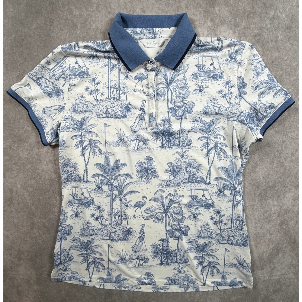 Walter Hagen Womens Large Golf Polo Blue White Toile Tropical Flamingo Stretch